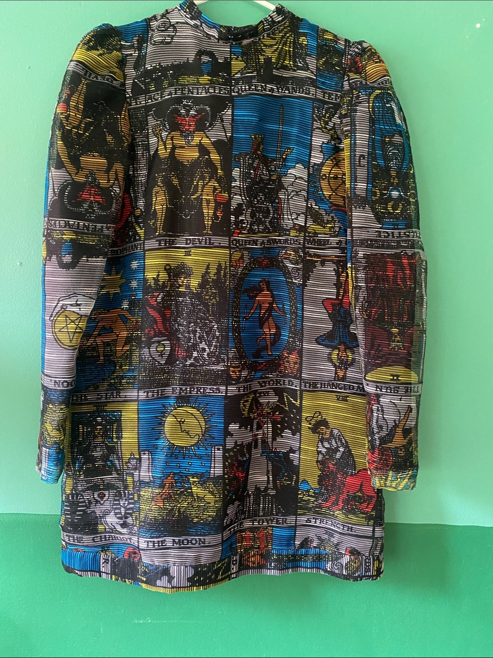 Nicole Miller Tarot Card Print Mini Dress in Blue, Yellow, Red, Black- AS IS